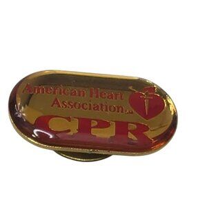 American Heart Association CPR Lapel Hat Pin Oval Metal Gold Red AHA Vintage